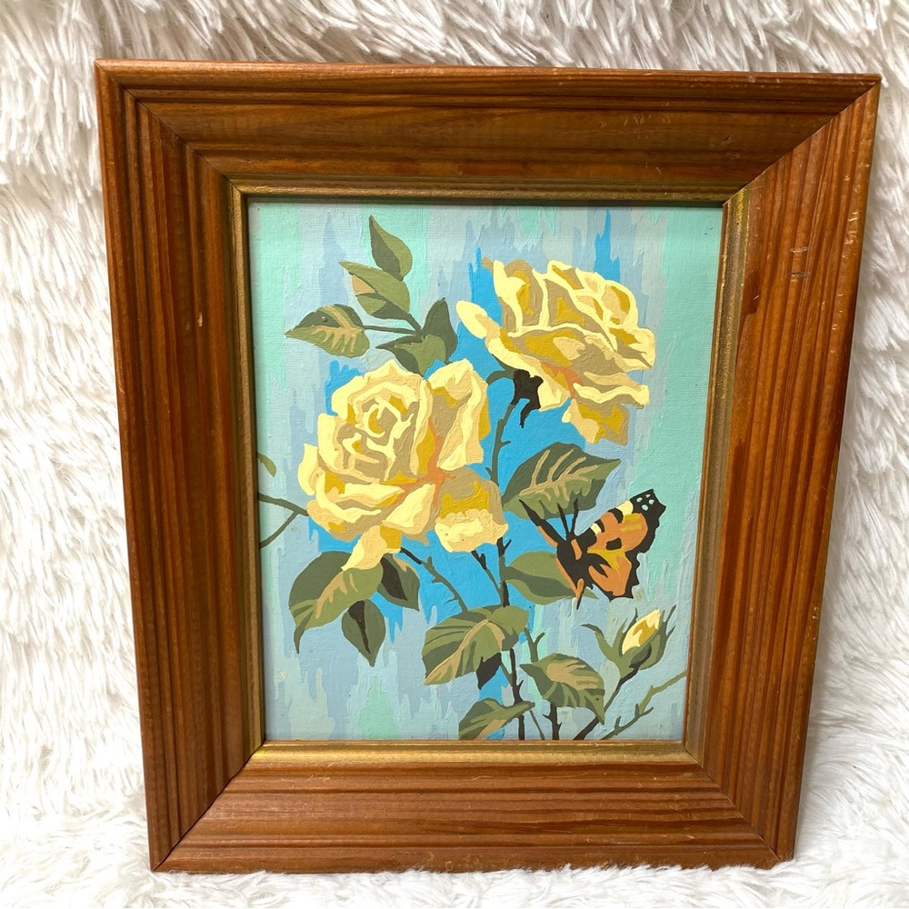 Vintage 60’s Hand Painted Yellow Rose And Monarch Butterfly Framed Artwork